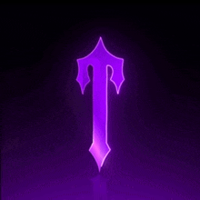 the letter t is glowing in the dark on a dark purple background .