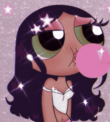 a cartoon girl blowing a pink bubble with the number 6 on her chest