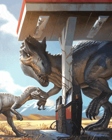 two dinosaurs are standing under a gas pump