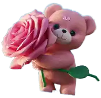 a teddy bear is holding a pink rose and a green leaf ..