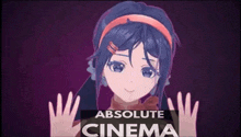 a girl with blue hair and a red headband is standing in front of a sign that says absolute cinema .