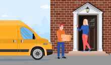 a delivery man is handing a box to a woman in front of a yellow van