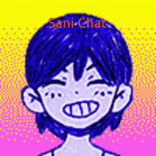 a drawing of a person with blue hair and the words sani chat on the bottom