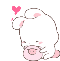 a white rabbit is holding a pink pig and a pink heart is above it .