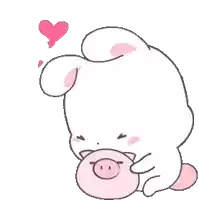 a white rabbit is holding a pink pig and a pink heart is above it .