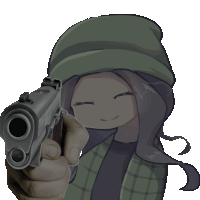 a cartoon girl is pointing a gun with her eyes closed