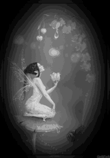 a black and white photo of a fairy holding a flower and a snail