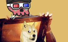 a doge wearing 3d glasses is standing next to a skull