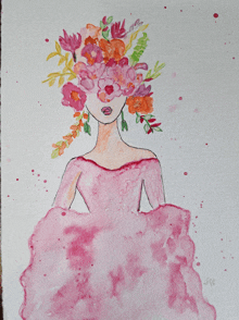 a watercolor painting of a woman in a pink dress with flowers on her head