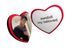 a picture of a man taking a selfie next to a heart that says " ewsbdi my beloved "