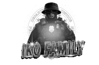 a black and white photo of a police officer with the name iko family on it