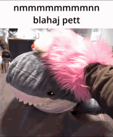 a stuffed shark with pink hair and the words blahaj pett