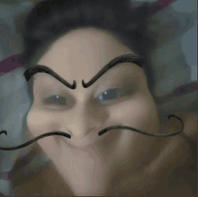 a woman with a fake mustache and eyebrows drawn on her face