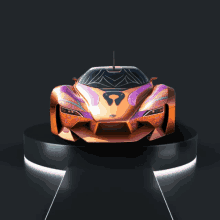 a car with a purple and orange paint job is sitting on a pedestal