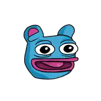 a blue and pink cartoon character with big eyes and a pink tongue sticking out