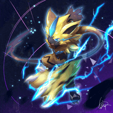 a drawing of a pokemon with a purple background and a blue lightning bolt behind it