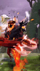 a video game is being played and a dragon is being destroyed by a fireball .