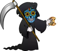 a grim reaper with a sugar skull face holding a cookie and a scythe