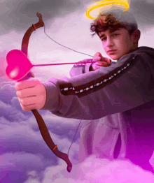 a cupid is holding a bow and arrow with a pink heart in his right hand