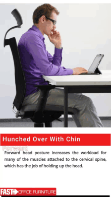 a man in a purple shirt is sitting at a desk with his chin hunched over with chin