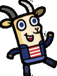 a cartoon goat with horns is wearing a blue and red striped shirt and waving .