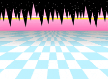 a checkered floor with a pink and black background