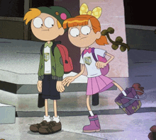 a boy and a girl are standing next to each other in a cartoon