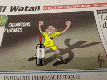 a newspaper with a cartoon of a soccer player and a bottle of le cru wine