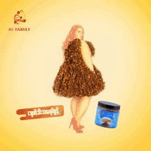 a picture of a woman in a dress made of spices next to a jar of a1 family spices