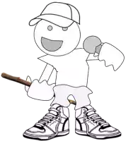 a black and white drawing of a person holding a stick and a microphone ..