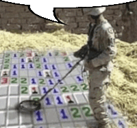 a soldier is using a metal detector to find numbers on a game board .