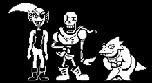 a group of undertale characters standing next to each other in a pixel art style .