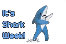 a stuffed shark is dancing in front of a sign that says `` it 's shark week ! jaws '' .