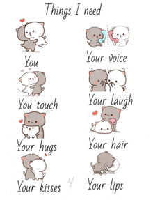 a cartoon of a cat saying things i need including your hugs , your kisses , your hair , and your lips