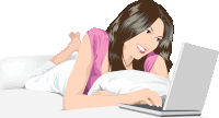 an illustration of a woman laying on a couch with a laptop