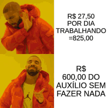 a man in an orange jacket is making a funny face with the words r $ 27,50 por dia trabalhando = 825,00