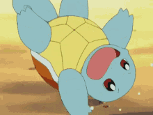 a cartoon squirtle is laying upside down on its back .