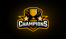 a logo for champions with a gold trophy and two stars