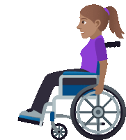 a woman in a purple shirt sits in a blue wheelchair