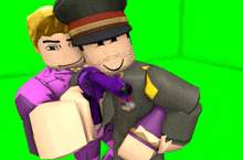 a man in a top hat is holding a purple gun next to a girl in a purple outfit