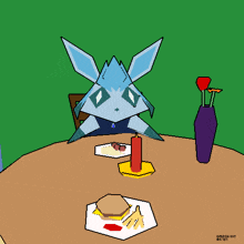 a cartoon of a rabbit sitting at a table with a plate of food