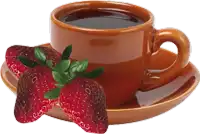 a cup of coffee on a saucer with two strawberries next to it