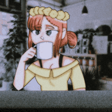 a girl with a flower crown on her head drinks from a cup