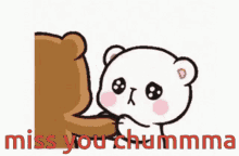 a cartoon of a teddy bear hugging another teddy bear with the words `` miss you chummma '' written in red .