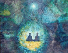 it is a painting of two people sitting in a circle in the dark .