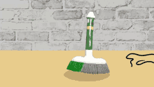 a cartoon drawing of a green and white brush with a brick wall in the background