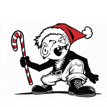 a black and white drawing of a christmas elf holding a candy cane