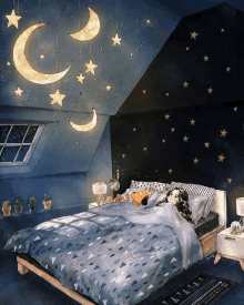 a painting of a girl sleeping in a bed with a crescent moon and stars hanging from the ceiling