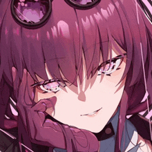 a close up of a purple haired anime girl with glasses