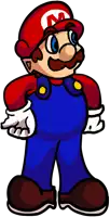 a cartoon drawing of mario wearing overalls and a red hat with a letter m on it